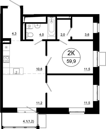 Планировка — Союзный, 3-комн., 59 м²