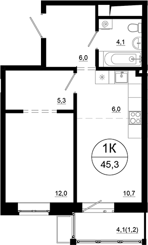 Планировка — Союзный, 2-комн., 44 м²