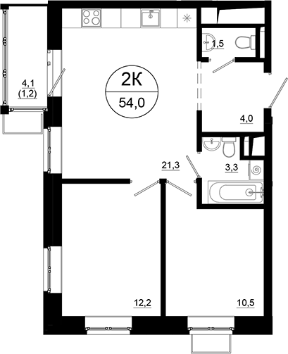 Планировка — Союзный, 2-комн., 53 м²