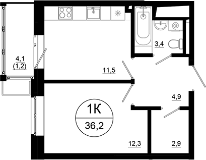 Планировка — Союзный, 1-комн., 35 м²