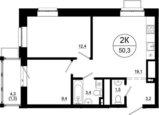 Планировка — Союзный, 2-комн., 49 м²