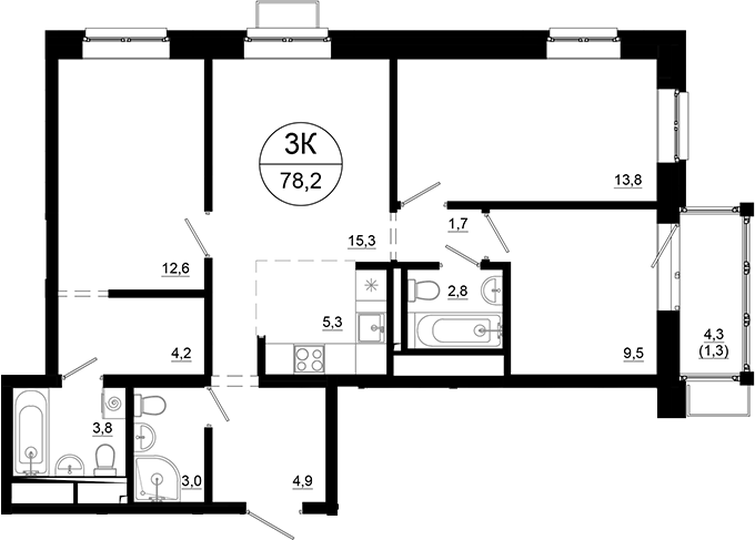Планировка — Союзный, 4-комн., 77 м²