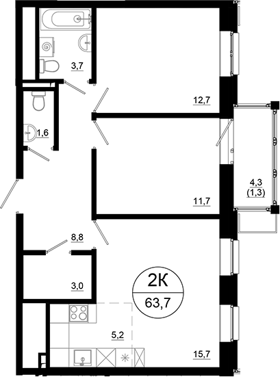 Планировка — Союзный, 3-комн., 62 м²