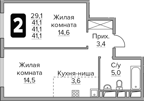 Планировка — Бригантина, 2-комн., 41 м²