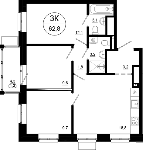 Планировка — Союзный, 3-комн., 62 м²