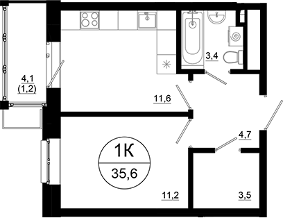 Планировка — Союзный, 1-комн., 34 м²