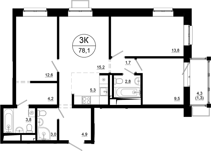 Планировка — Союзный, 4-комн., 77 м²