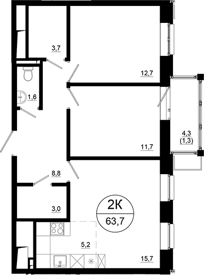 Планировка — Союзный, 3-комн., 62 м²