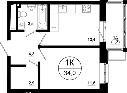 Планировка — Союзный, 1-комн., 33 м²