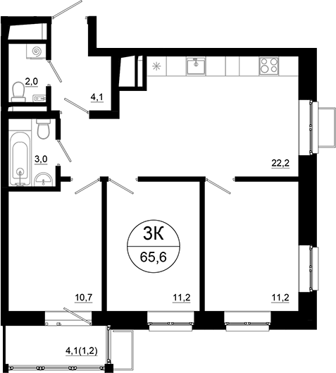 Планировка — Союзный, 3-комн., 64 м²