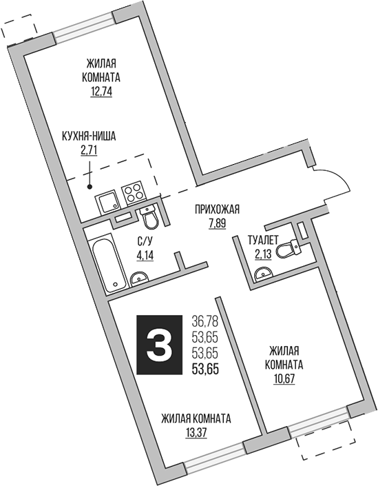 Планировка — Аникеевский, 3-комн., 54 м²