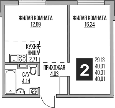 Планировка — Аникеевский, 2-комн., 40 м²