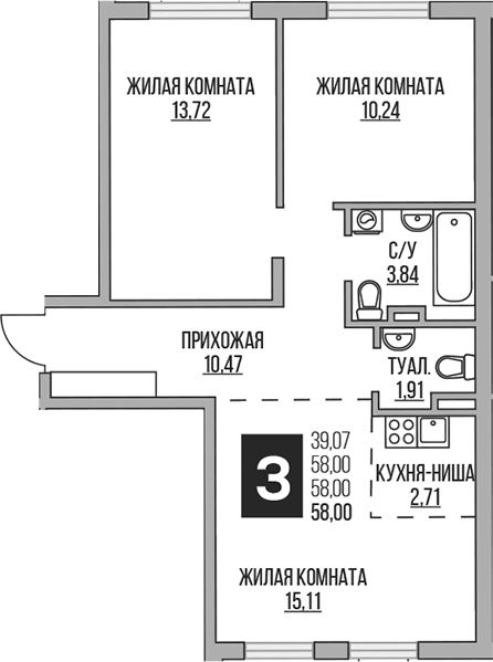 Планировка — Аникеевский, 3-комн., 58 м²