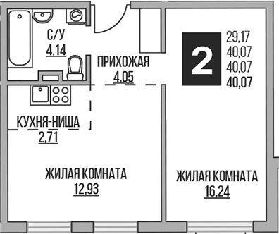 Планировка — Аникеевский, 2-комн., 40 м²