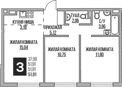Планировка — Аникеевский, 3-комн., 52 м²