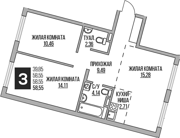 Планировка — Аникеевский, 3-комн., 59 м²