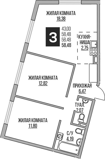 Планировка — Аникеевский, 3-комн., 58 м²