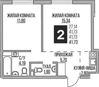 Планировка — Аникеевский, 2-комн., 42 м²