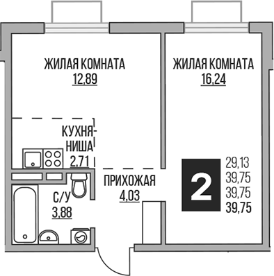 Планировка — Аникеевский, 2-комн., 40 м²