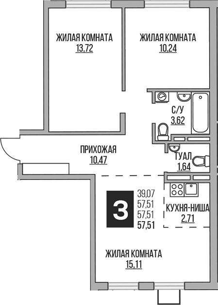Планировка — Аникеевский, 3-комн., 58 м²