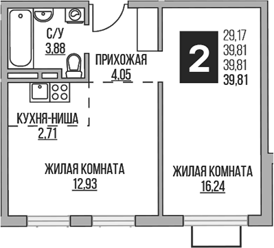 Планировка — Аникеевский, 2-комн., 40 м²