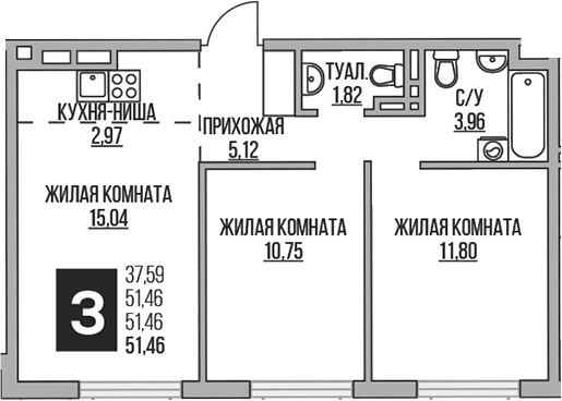 Планировка — Аникеевский, 3-комн., 51 м²