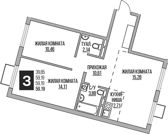 Планировка — Аникеевский, 3-комн., 59 м²