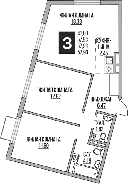 Планировка — Аникеевский, 3-комн., 58 м²