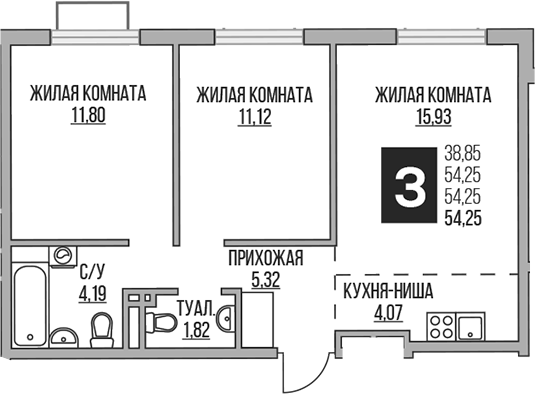 Планировка — Аникеевский, 3-комн., 54 м²