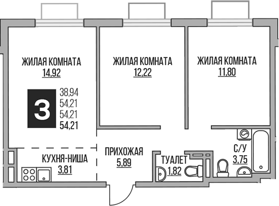 Планировка — Аникеевский, 3-комн., 54 м²