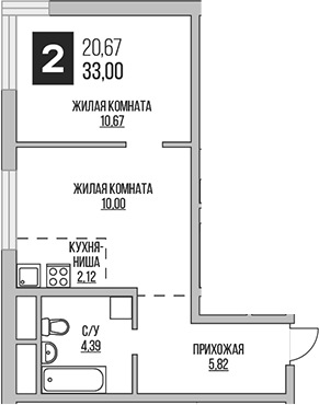 Планировка — Аникеевский, 2-комн., 33 м²