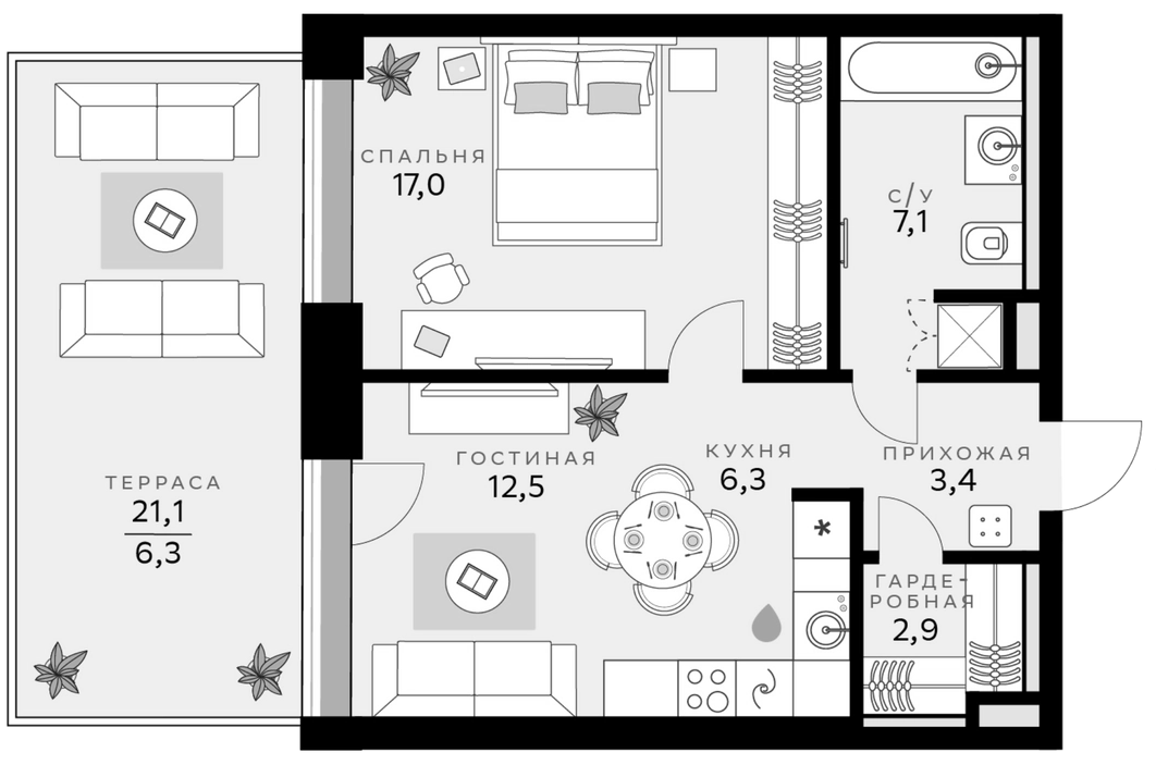 Планировка — СберСити, 2-комн., 49 м²