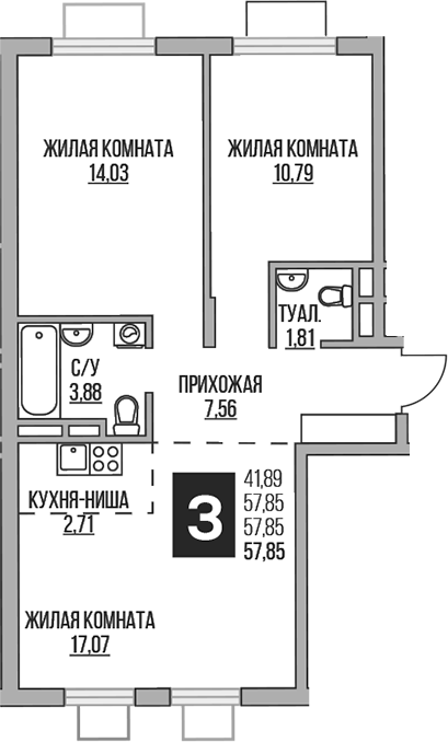 Планировка — Аникеевский, 3-комн., 58 м²