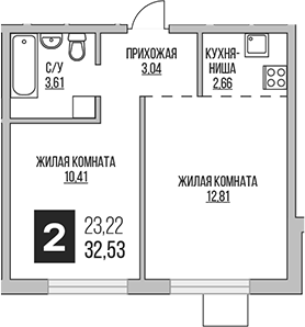 Планировка — Аникеевский, 2-комн., 33 м²