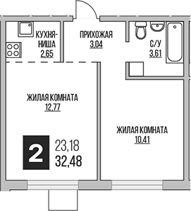 Планировка — Аникеевский, 2-комн., 32 м²
