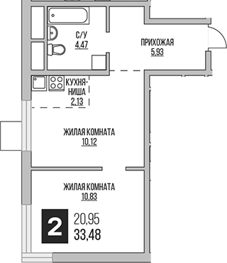 Планировка — Аникеевский, 2-комн., 33 м²