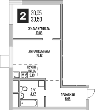 Планировка — Аникеевский, 2-комн., 34 м²