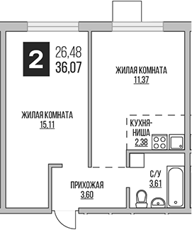 Планировка — Аникеевский, 2-комн., 36 м²