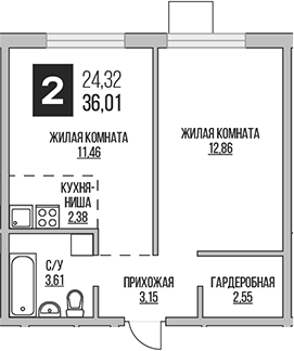 Планировка — Аникеевский, 2-комн., 36 м²