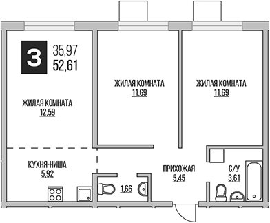 Планировка — Аникеевский, 3-комн., 53 м²