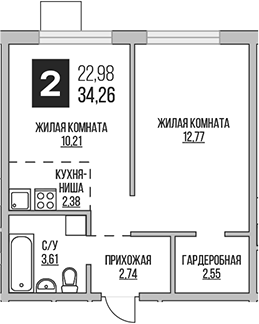 Планировка — Аникеевский, 2-комн., 34 м²