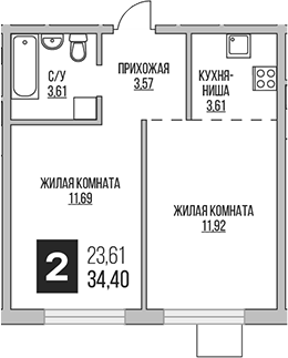 Планировка — Аникеевский, 2-комн., 34 м²