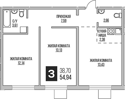 Планировка — Аникеевский, 3-комн., 55 м²
