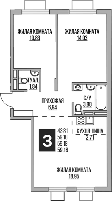 Планировка — Аникеевский, 3-комн., 59 м²
