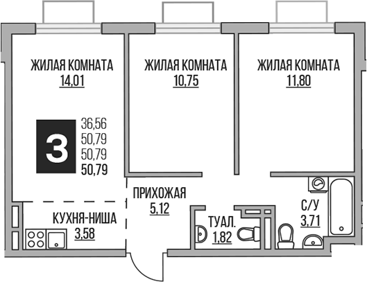 Планировка — Аникеевский, 3-комн., 51 м²