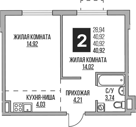 Планировка — Аникеевский, 2-комн., 41 м²