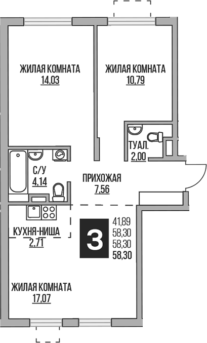 Планировка — Аникеевский, 3-комн., 58 м²
