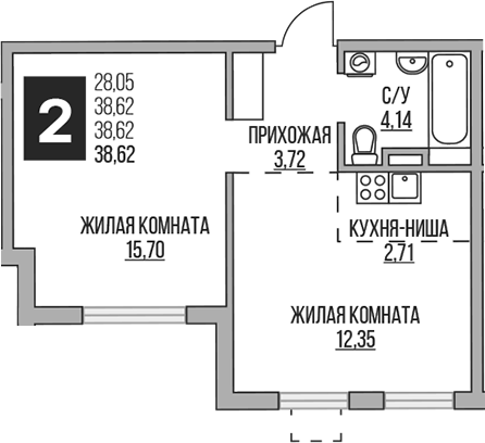 Планировка — Аникеевский, 2-комн., 39 м²