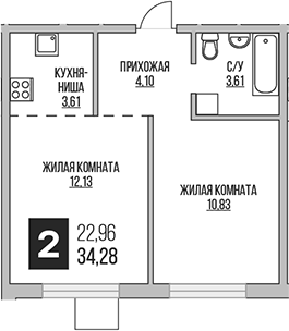 Планировка — Аникеевский, 2-комн., 34 м²