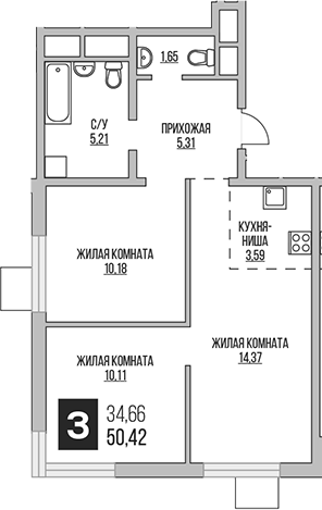 Планировка — Аникеевский, 3-комн., 50 м²